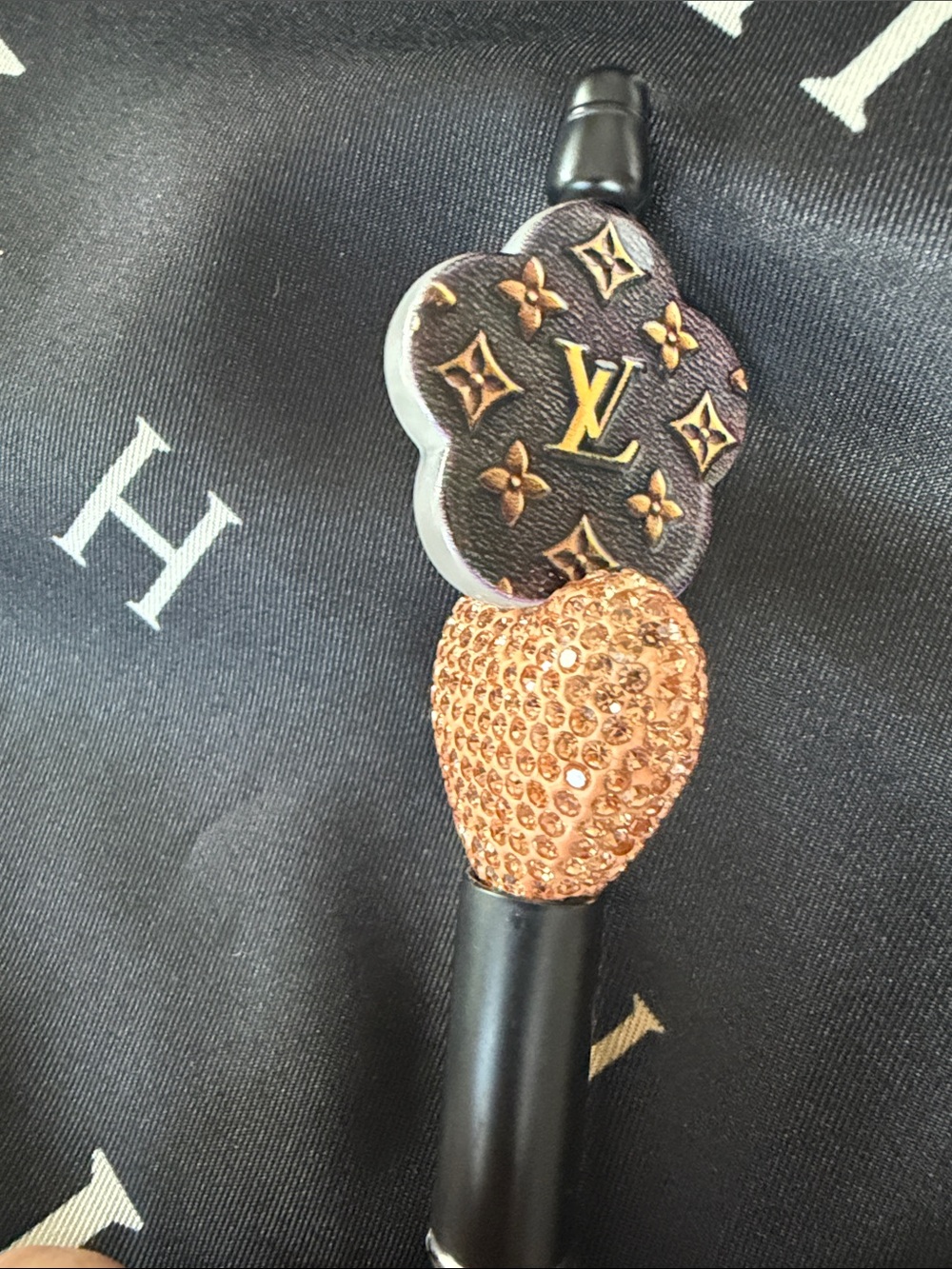 Luxury Monogram Heart pen in Black and Gold with Rose Crystal Accent